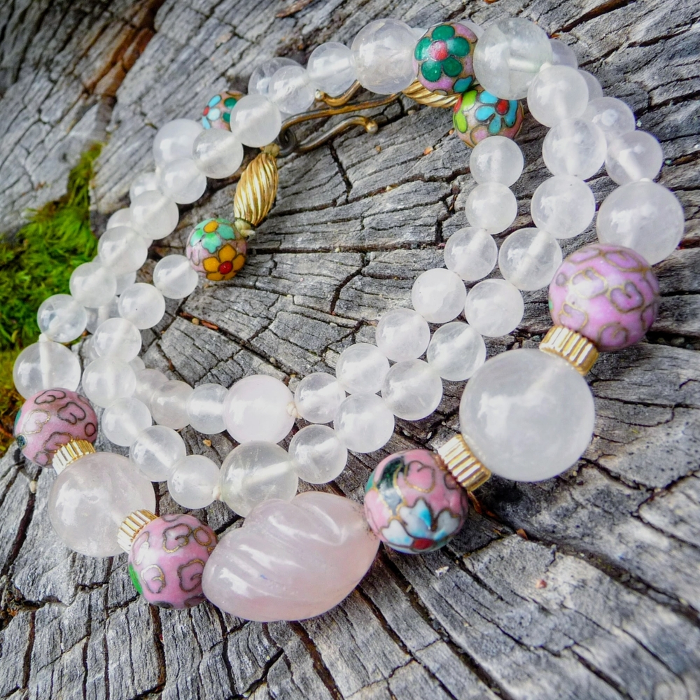 Vintage Chinese Cloisonne Enamel Carved Bead Rose Agate Gold Bead Necklace!